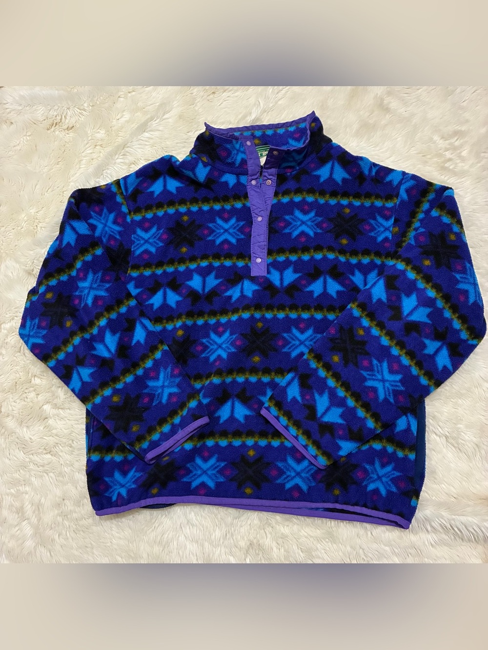 LL Bean Vintage Pullover Fleece, Purple / Blue / Black / Yellow, Women’s Large